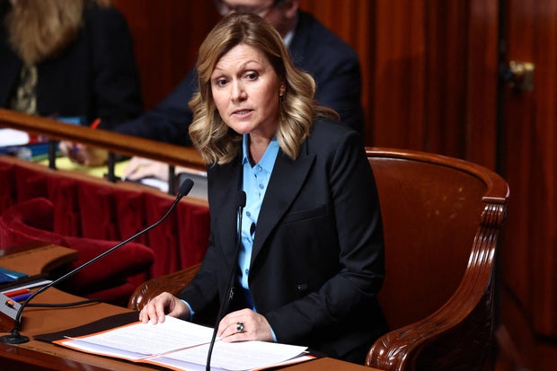 Yael Braun-Pivet, President of the French National Assembly, delivers a speech during a special congress gathering both the upper and lower houses of the French parliament