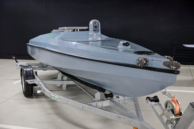 In this undated photo provided by the Ministry of Digital Transformation of Ukraine a Magura V5 Ukrainian multi-purpose unmanned surface boat is seen in Ukraine