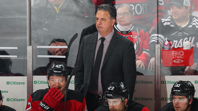 Travis Green New Jersey Devils Interim Head Coach on the bench in the first period of the game against the Florida Panthers at the Prudential Center on March 5, 2024 in Newark, New Jersey. 