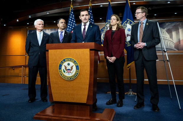 Rep. Mike Gallagher and lawmakers speak about the Protecting Americans from Foreign Adversary Controlled Applications Act at the U.S. Capitol on March 6, 2024.