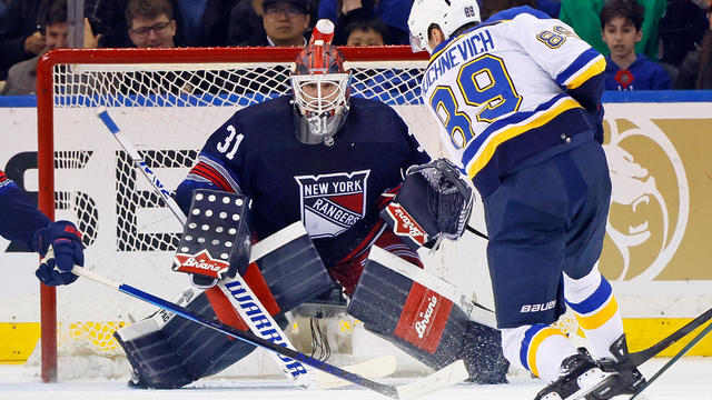 Igor Shesterkin #31 of the New York Rangers blocks the net against Pavel Buchnevich #89 of the St. Louis Blues during the second period at Madison Square Garden on March 09, 2024 in New York City. 