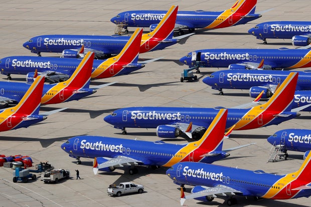 A number of grounded Southwest Airlines Boeing 737 Max 8 aircraft are shown parked at Victorville Airport in Victorville, California, March 26, 2019.