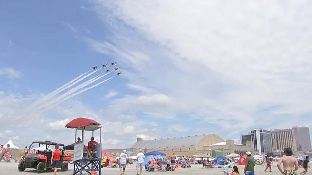 Airplanes fly over the beach during the Atlantic City airshow in 2023 