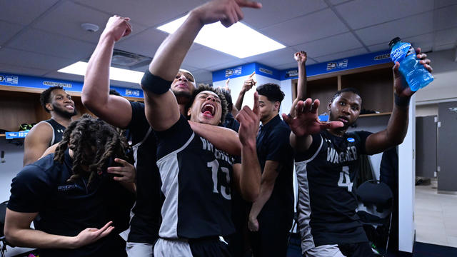 Wagner Seahawks players celebrate a 71-68 win over the Howard Bison during the First Four round of the 2024 NCAA Men's Basketball Tournament held at University of Dayton Arena on March 19, 2024 in Dayton, Ohio. 