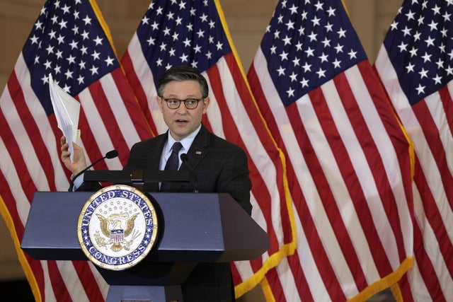 House Speaker Mike Johnson speaks during a Congressional Gold Medal presentation ceremony at the U.S. Capitol on March 21, 2024.  