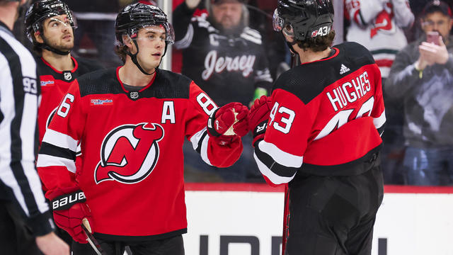 New Jersey Devils center Jack Hughes (86) celebrates with New Jersey Devils defenseman Luke Hughes (43) after scoring a goal during a game between the Winnipeg Jets and New Jersey Devils on March 21, 2024 at Prudential Center in the Newark, New Jersey. 