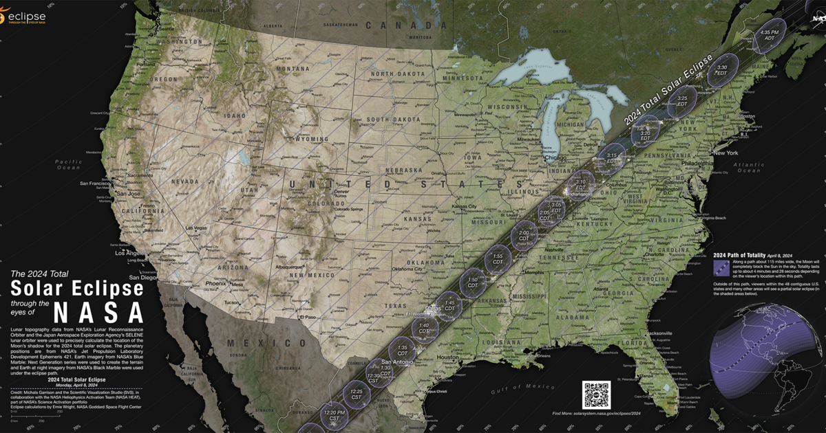 일식 지도에는 2024년의 전체 경로, 피크 시간, 미국 전역에서 볼 수 있는 일식의 양이 표시됩니다.