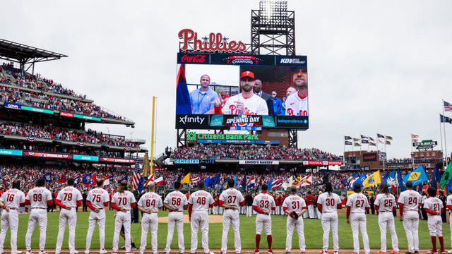 Philadelphia Phillies line up for the national anthem at Citizens Bank Park prior to the game between the Cincinnati Reds and the Philadelphia Phillies at Citizens Bank Park on Friday, April 7, 2023 in Philadelphia, Pennsylvania. 