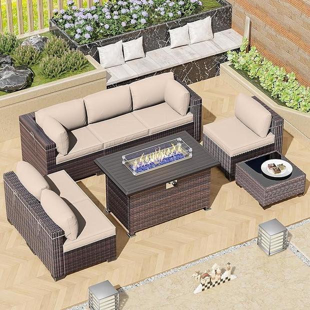 RTDTD Outdoor Patio Furniture Set with Propane Fire Pit Table 