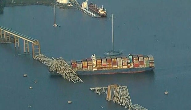 Aerial view of the Francis Scott Key Bridge in Baltimore, after collapse