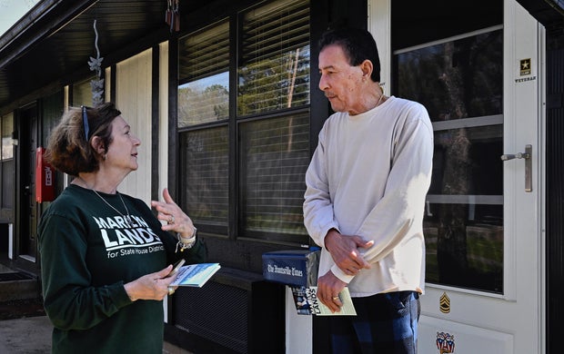 Democratic candidate Marilyn Lands speaks to voters in the suburbs in Huntsville, Alabama on March 20, 2024.