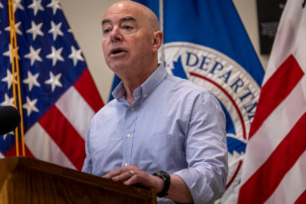 Department of Homeland Security Secretary Alejandro Mayorkas holds a press conference at a U.S. Border Patrol station on Jan. 8, 2024, in Eagle Pass, Texas.
