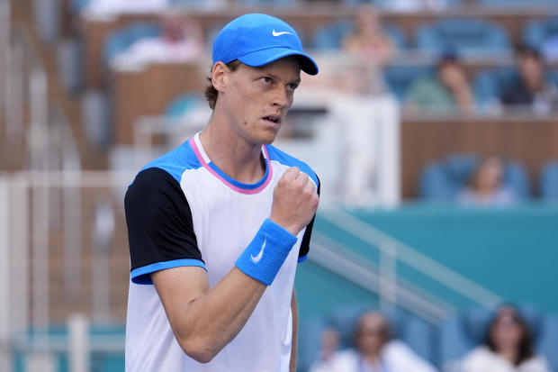 Jannik Sinner reacts after winning a point against Grigor Dimitrov during the men's final at the Miami Open in March 2024. 