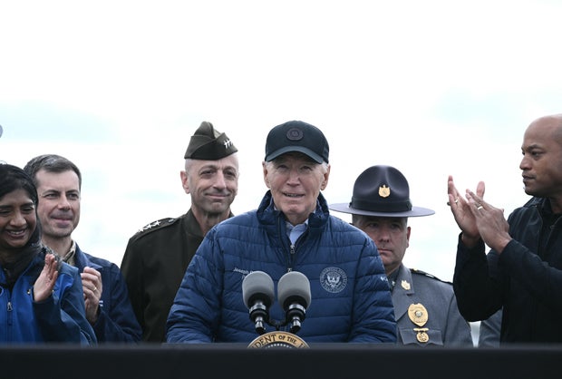 President Biden speaks about the collapse of the Francis Scott Key Bridge as Maryland Gov. Wes Moore looks on in Baltimore on April 5, 2024.