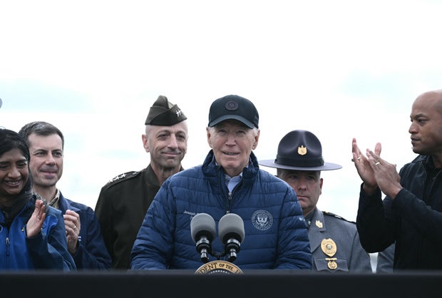 President Biden speaks about the collapse of the Francis Scott Key Bridge as Maryland Gov. Wes Moore looks on in Baltimore on April 5, 2024. 