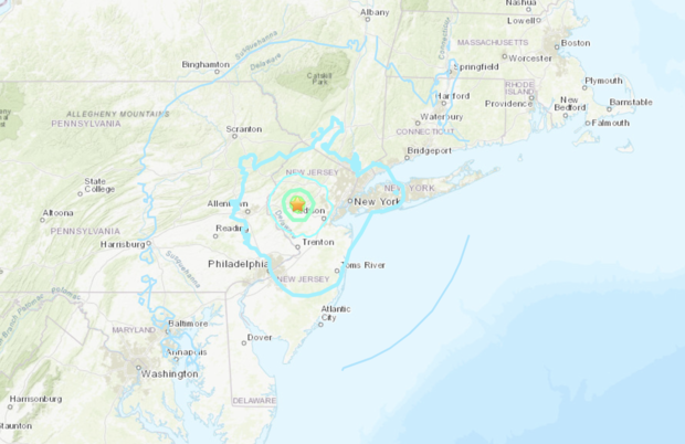 Bản đồ cho thấy khu vực bị ảnh hưởng bởi trận động đất 4,7 độ richter, có tâm điểm ở New Jersey