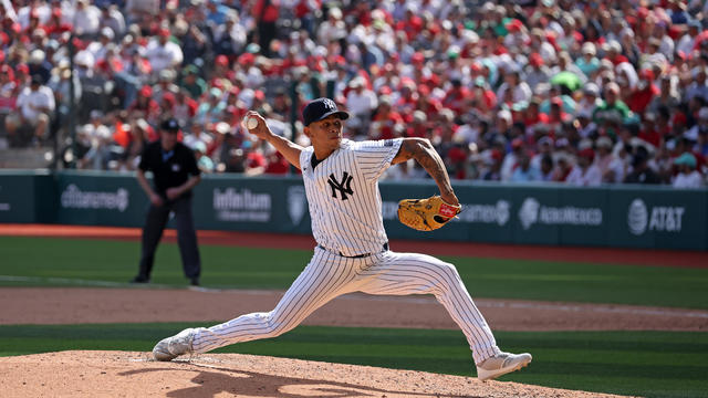 Jonathan Loáisiga #43 of the New York Yankees pitches during Spring Training Game One between Diablos Rojos and New York Yankees at Estadio Alfredo Harp Helu on March 24, 2024 in Mexico City, Mexico. 