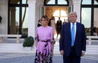 Republican presidential candidate, former President Donald Trump and former first lady Melania Trump arrive at the home of billionaire investor John Paulson on April 6, 2024 in Palm Beach, Florida. 