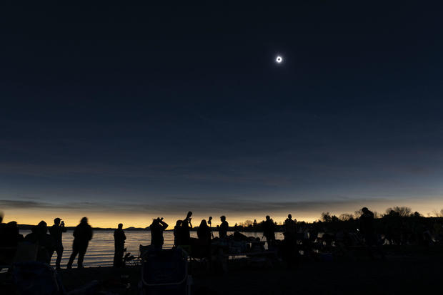 The moon covers the sun during the total solar eclipse in Quebec, Canada 