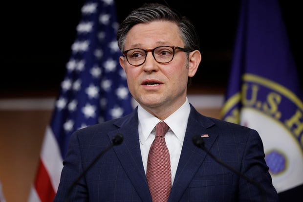 Speaker of the House Mike Johnson speaks during a news conference following a closed-door caucus meeting at the U.S. Capitol Visitors Center on March 20, 2024, in Washington, D.C.