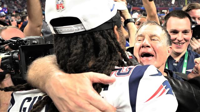 Stephon Gilmore, Bill Belichick celebrate after Super Bowl LIII. 