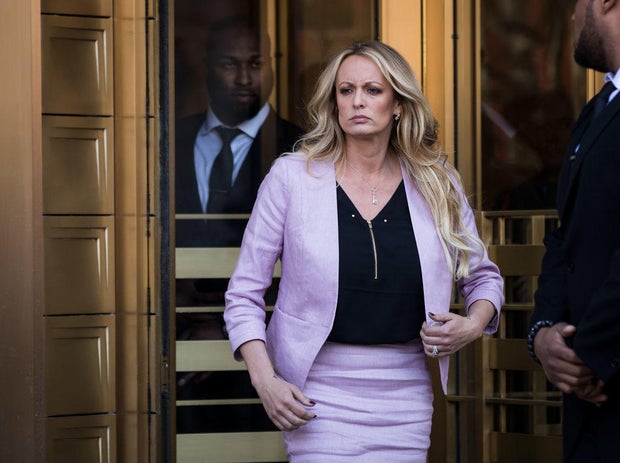 Adult film actress Stormy Daniels exits the U.S. District Court for the Southern District of New York on April 16, 2018, in New York.