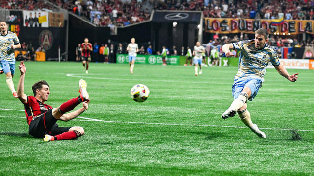 Philadelphia forward Mikael Uhre (7) shoots and scores a second-half goal during the MLS match between Philadelphia Union and Atlanta United FC on April 14 