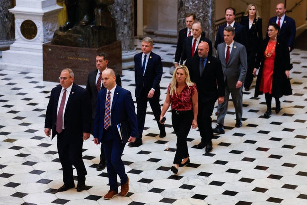 House impeachment managers deliver articles of impeachment for Homeland Security Secretary Alejandro Mayorkas to the Senate at the Capitol on April 16, 2024.