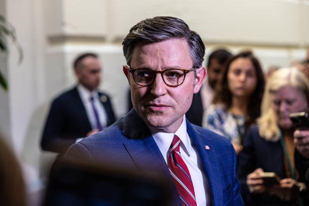 Speaker Mike Johnson speaks to the press following a House Conference meeting to discuss Iran's attack on Israel at the U.S. Capitol in Washington, DC.
