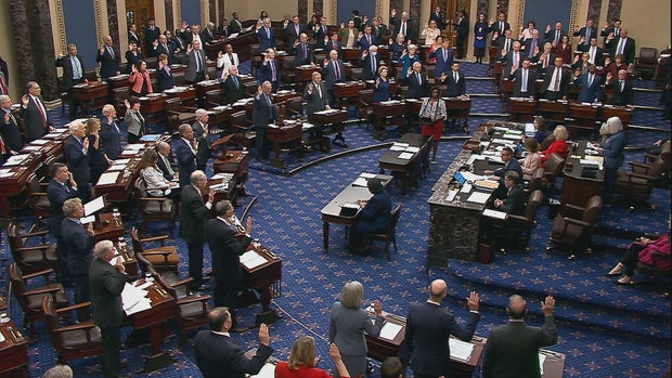 Senators swear an oath to act as impartial jurors before the impeachment trial of Homeland Security Secretary Alejandro Mayorkas in the Senate on Wednesday, April 17, 2024.