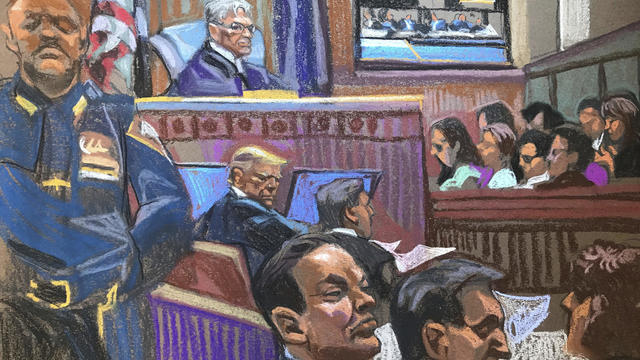 In this courtroom sketch, former President Donald Trump sits beside his lawyer Todd Blanche on the second day of jury selection in his criminal trial in New York on Tuesday, April 16, 2024. 