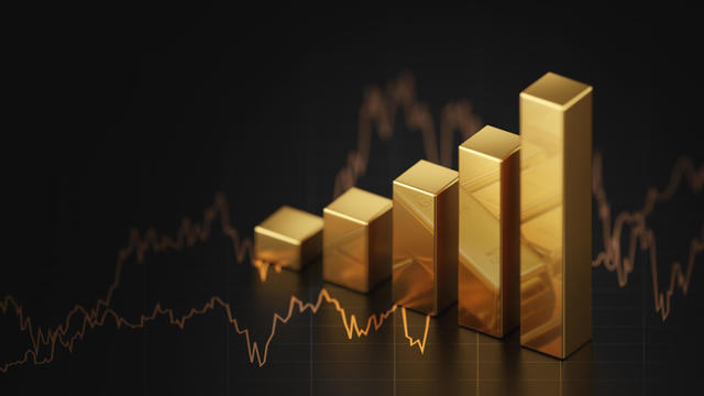Growth gold bar financial investment stock diagram on 3d profit graph background of global economy trade price business market concept or capital marketing golden banking chart exchange invest value. 