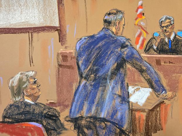 A court sketch shows prosecutor Chris Conroy in court during former President Donald Trump's criminal trial in New York on Tuesday, April 23, 2024. 