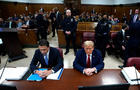 Former President Donald Trump and lawyer Todd Blanche appear in court for Trump's trial at Manhattan Criminal Court on April 23, 2024. 