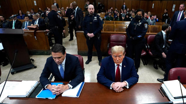 Former President Donald Trump and lawyer Todd Blanche appear in court for Trump's trial at Manhattan Criminal Court on April 23, 2024. 