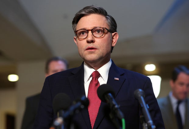 Speaker of the House Mike Johnson speaks following a briefing with National Security Advisor Jake Sullivan at the U.S. Capitol on February 15, 2024 in Washington, DC.
