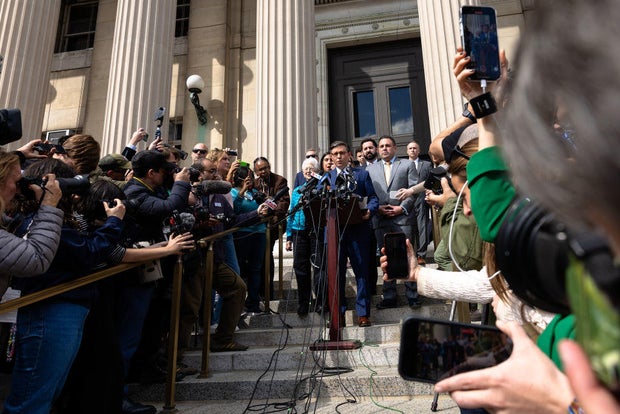Speaker of the House Mike Johnson speaks during a press conference at Columbia University on April 24, 2024.