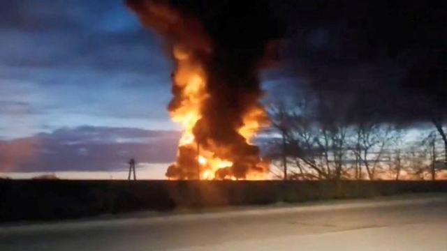  
Huge fire seen as Ukraine hits Russian oil depots with drone strike 
Ukraine claims to have destroyed almost 1 million cubic feet of fuel in a drone strike on Russian state-owned oil depots. 
3H ago