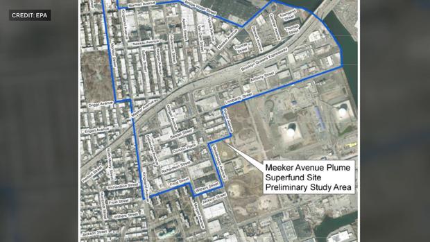 A map outlining the EPA's Meeker Avenue Plume superfund site preliminary study area. 