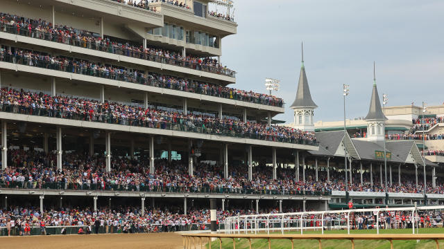 The twin spires of Churchill Downs are seen ahead of the 149th running of the Kentucky Derby on May 6, 2023, in Louisville, Kentucky. 