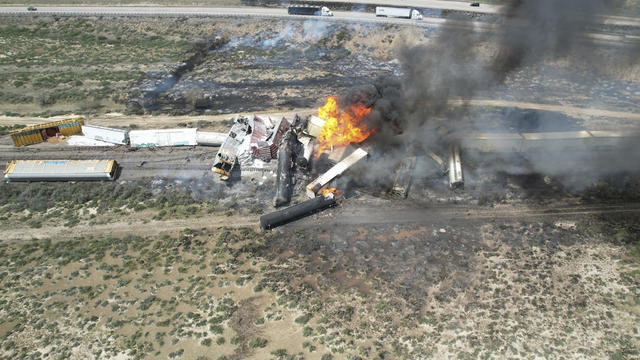  
Fire still burning after freight train derailment 
Authorities say a freight train derailment and fire have forced the closure of a key east-west interstate trucking route near the Arizona-New Mexico state line. 
2H ago