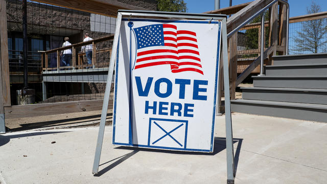 A "vote here" sign is seen at the Danville Area Community 