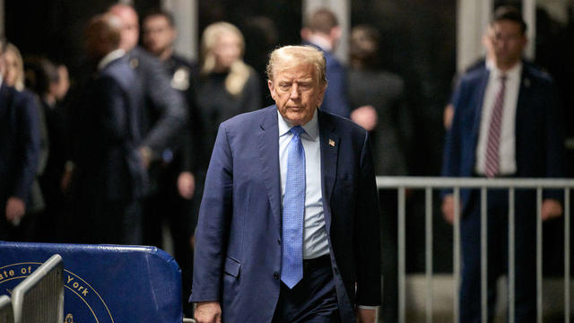 Former President Donald Trump leaves the courtroom at the end of the day during his trial at Manhattan Criminal Court on Friday, April 26, 2024. 