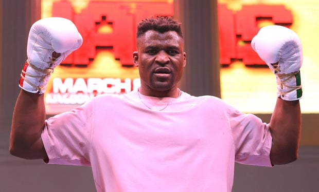 Francis Ngannou poses for a photograph during a media workout on March 5, 2024, in Riyadh, Saudi Arabia.