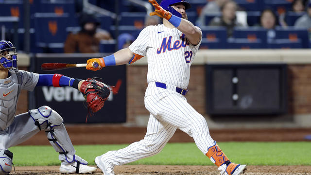 DJ Stewart #29 of the New York Mets hits a three-run home run during the sixth inning against the Chicago Cubs at Citi Field on April 30, 2024 in the Queens borough of New York City. 