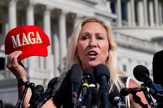 Rep. Marjorie Taylor Greene during a news conference at the Capitol in Washington on Wednesday, May 1, 2024.