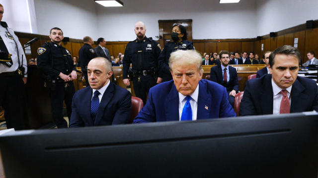Former President Donald Trump speaks to reporters at the end of the day during his criminal trial at Manhattan Criminal Court on May 2, 2024 in New York City. 