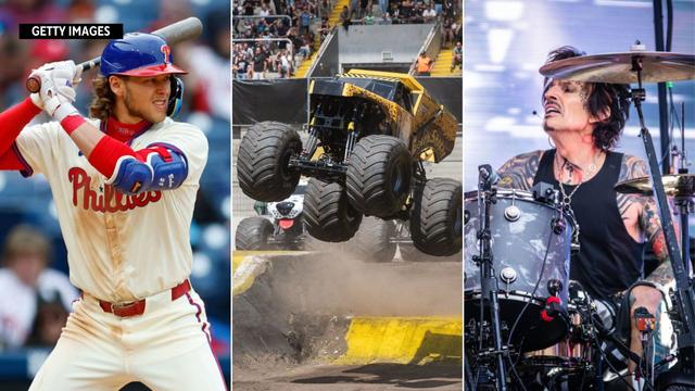 A photo of Alec Bohm of the Phillies, a monster truck and the drummer from the Motley Crue 