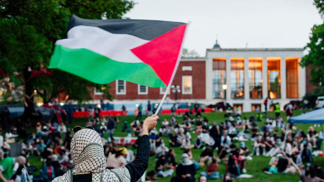 A protestor waves a Palestinian flag in front of a few hundred 