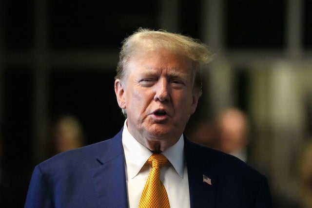 Former President Donald Trump speaks to the press before his trial at Manhattan Criminal Court in New York City on Tuesday, May 7, 2024. 